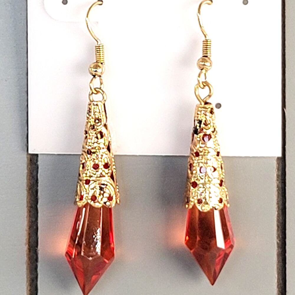 Charlotte Russe Burnt Orange Prism Dangle Earrings Gold Tone Crystal W/ Gift Bag